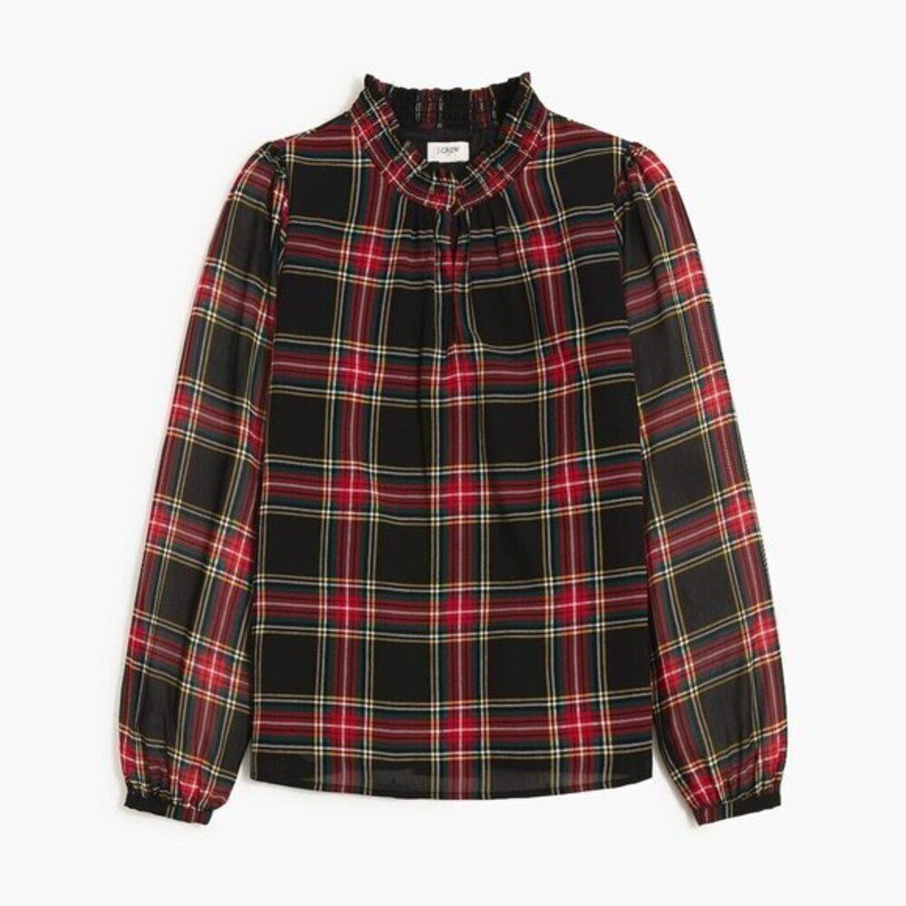 J Crew Women's Plaid Tartan Smocked Keyhole ‎ Checkered Tops Christmas Red